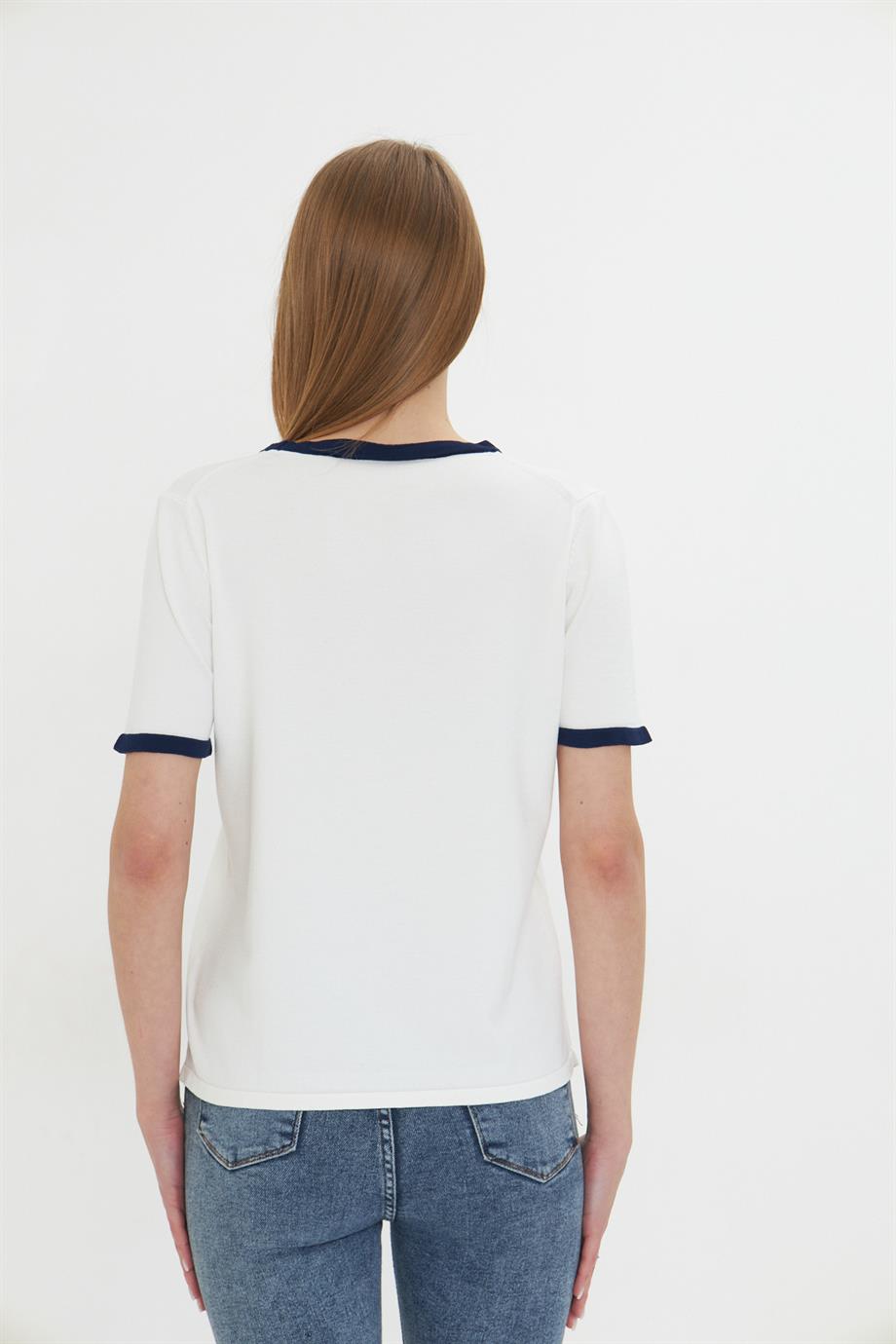 Kadın Bisiklet Yaka Renkli Biyeli Kısa Kol Triko Bluz 2105