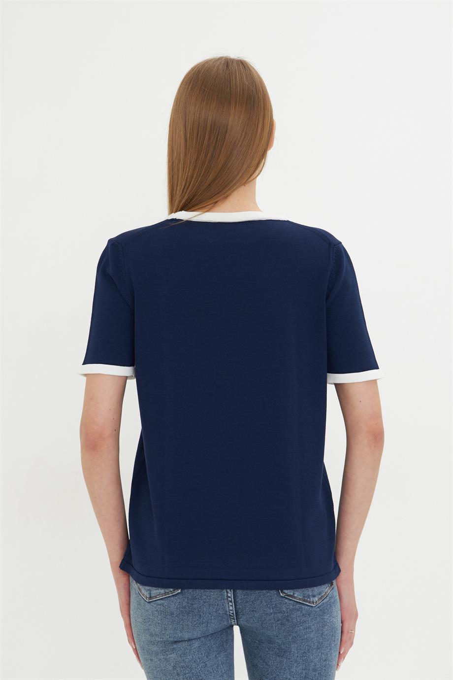 Kadın Bisiklet Yaka Renkli Biyeli Kısa Kol Triko Bluz 2105