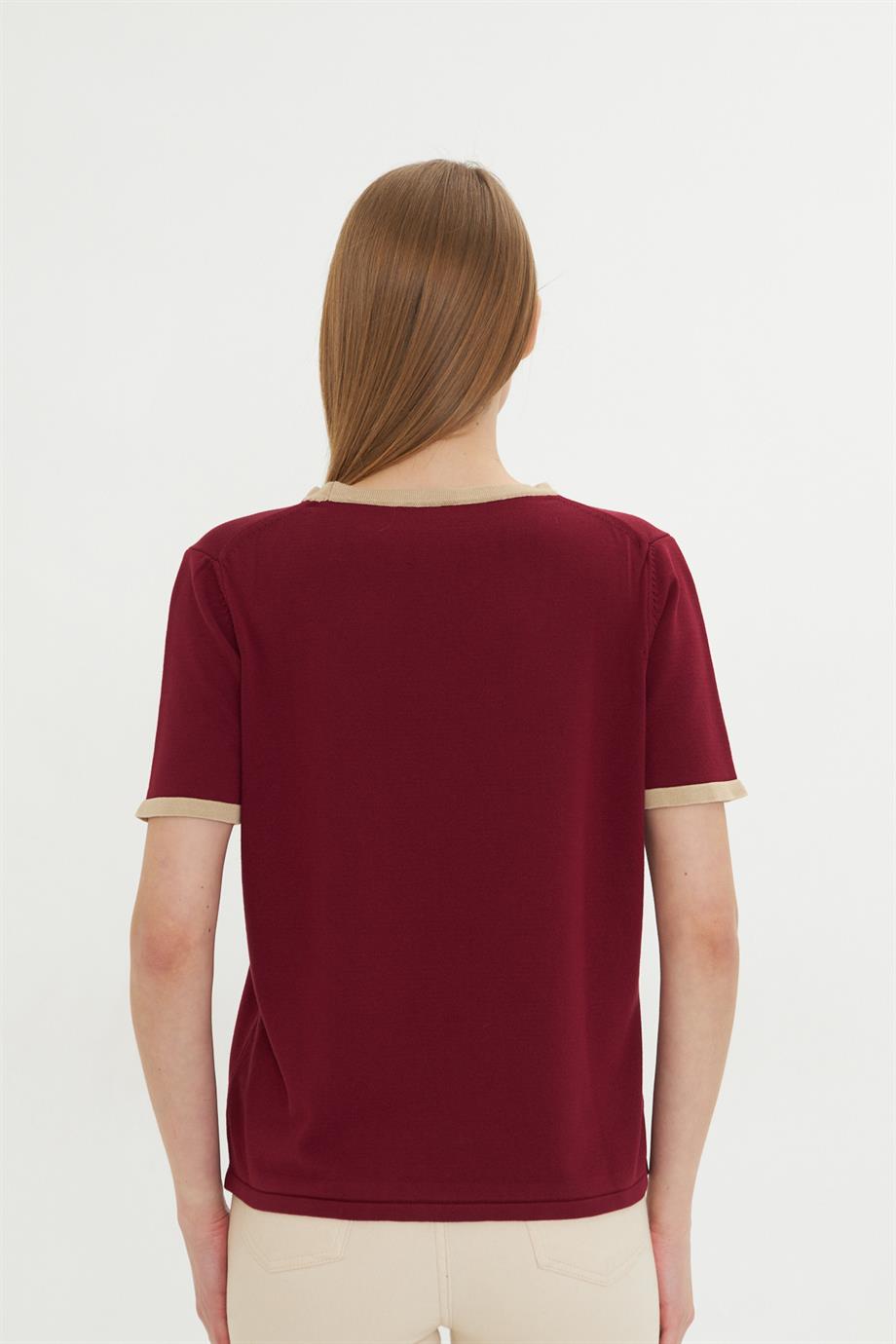 Kadın Bisiklet Yaka Renkli Biyeli Kısa Kol Triko Bluz 2105