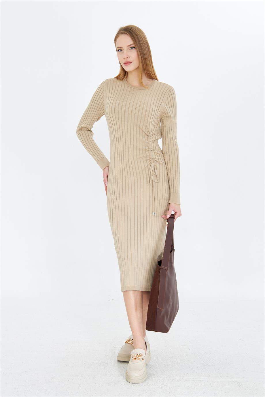 Kadın Büzgülü Fitilli Triko Elbise 29104