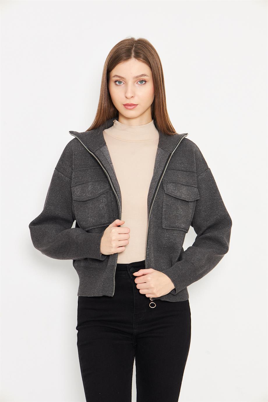 Kadın Çelik Örgü Fermuarlı Triko Mont Kadın Mont 4309