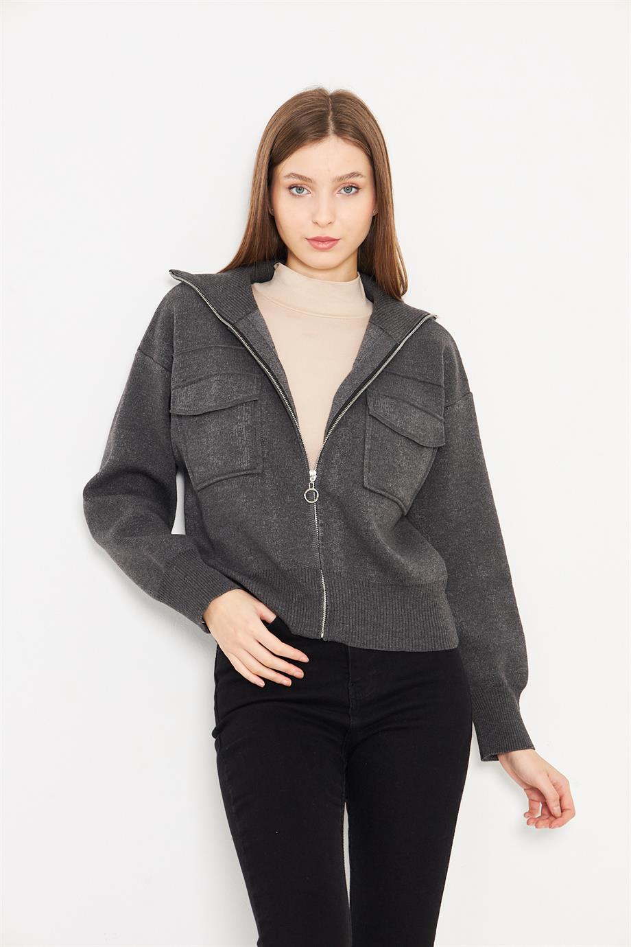 Kadın Çelik Örgü Fermuarlı Triko Mont Kadın Mont 4309