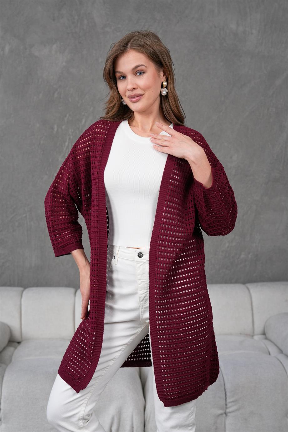 Kadın Delikli Triko Uzun Hırka 91136 Bordo