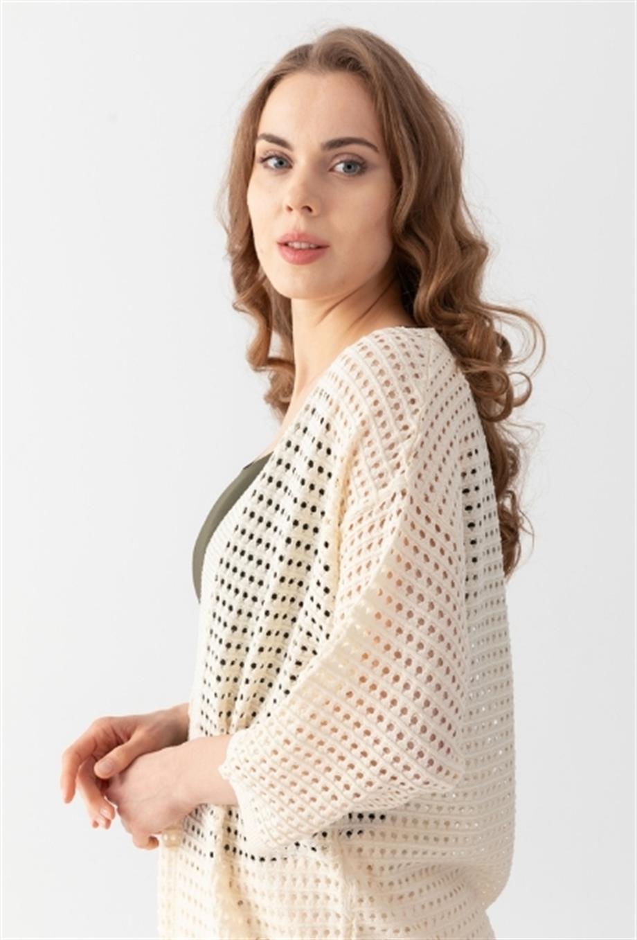 Kadın Delikli Triko Uzun Hırka 91136 Bej