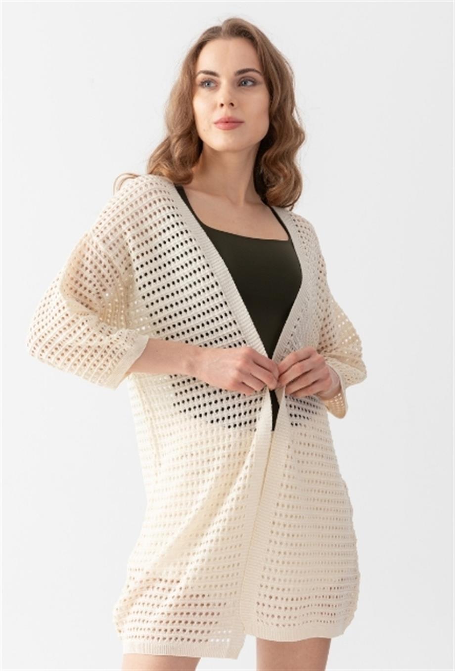 Kadın Delikli Triko Uzun Hırka 91136 Bej