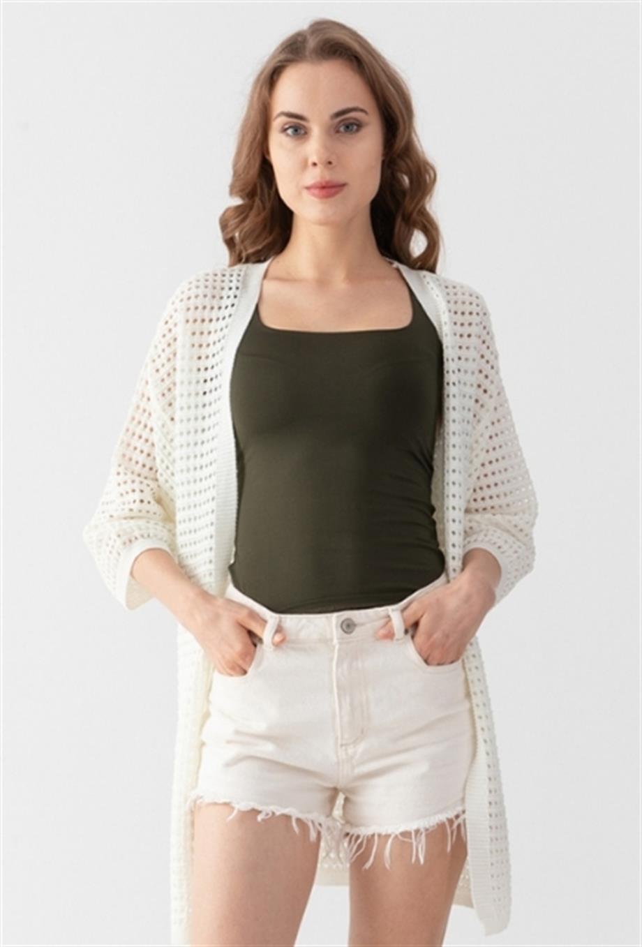 Kadın Delikli Triko Uzun Hırka 91136 Ekru