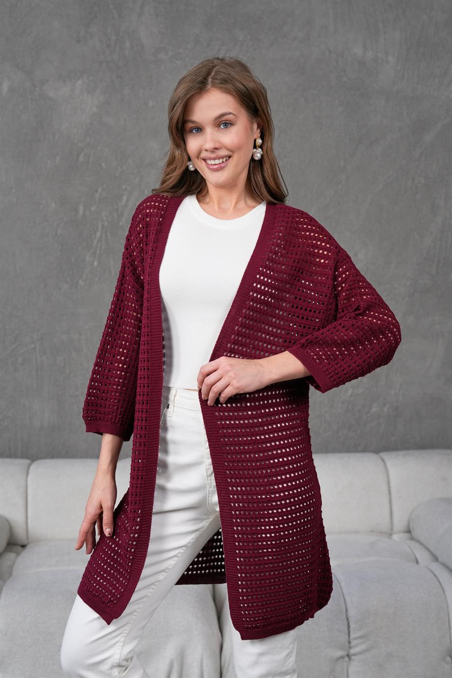 Kadın Delikli Triko Uzun Hırka 91136 Bordo