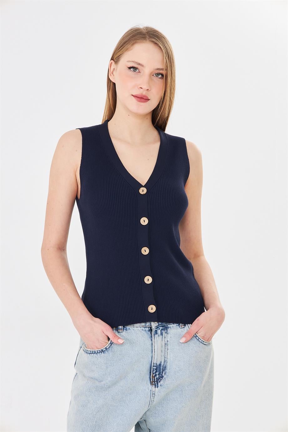Kadın Düğmeli Fitilli Triko Yelek Kadın Yelek Y241017 Lacivert