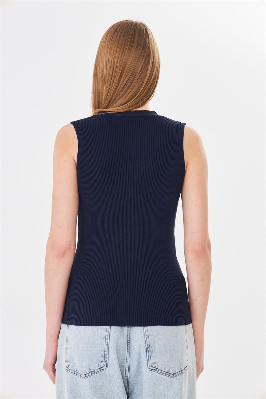 Kadın Düğmeli Fitilli Triko Yelek Kadın Yelek Y241017 Lacivert