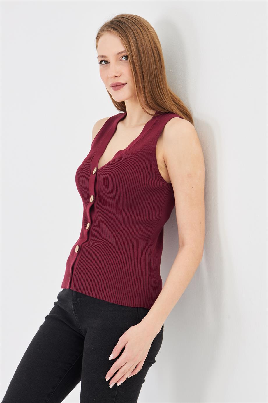 Kadın Düğmeli Fitilli Triko Yelek Kadın Yelek Y241017 Bordo