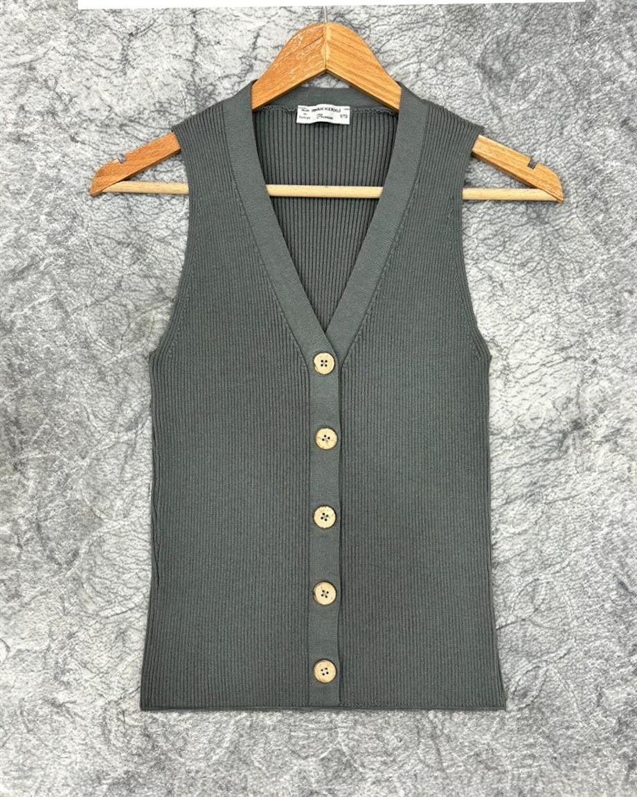 Kadın Düğmeli Fitilli Triko Yelek Kadın Yelek Y241017 Füme