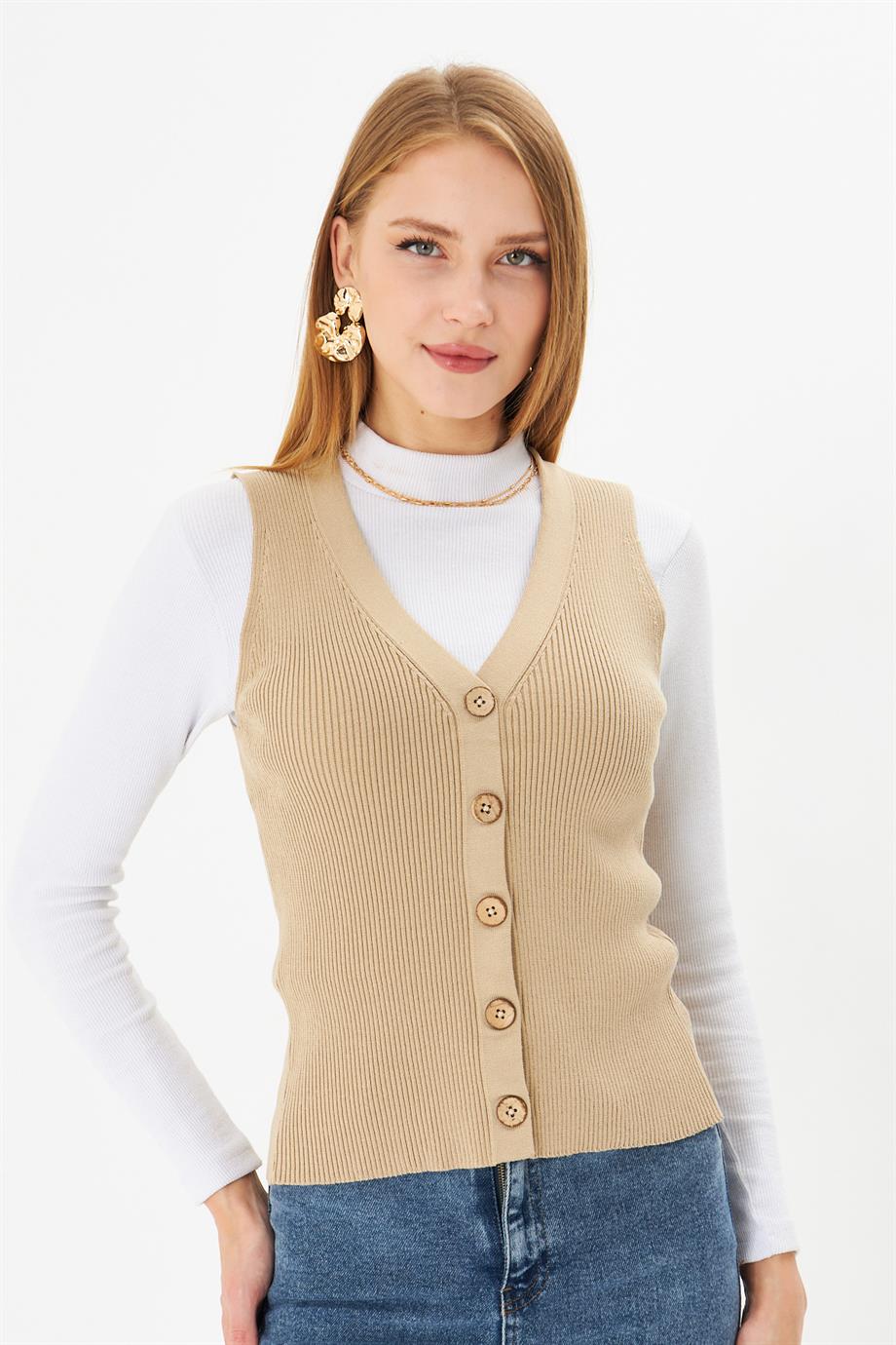 Kadın Düğmeli Fitilli Triko Yelek Kadın Yelek Y241017 Camel