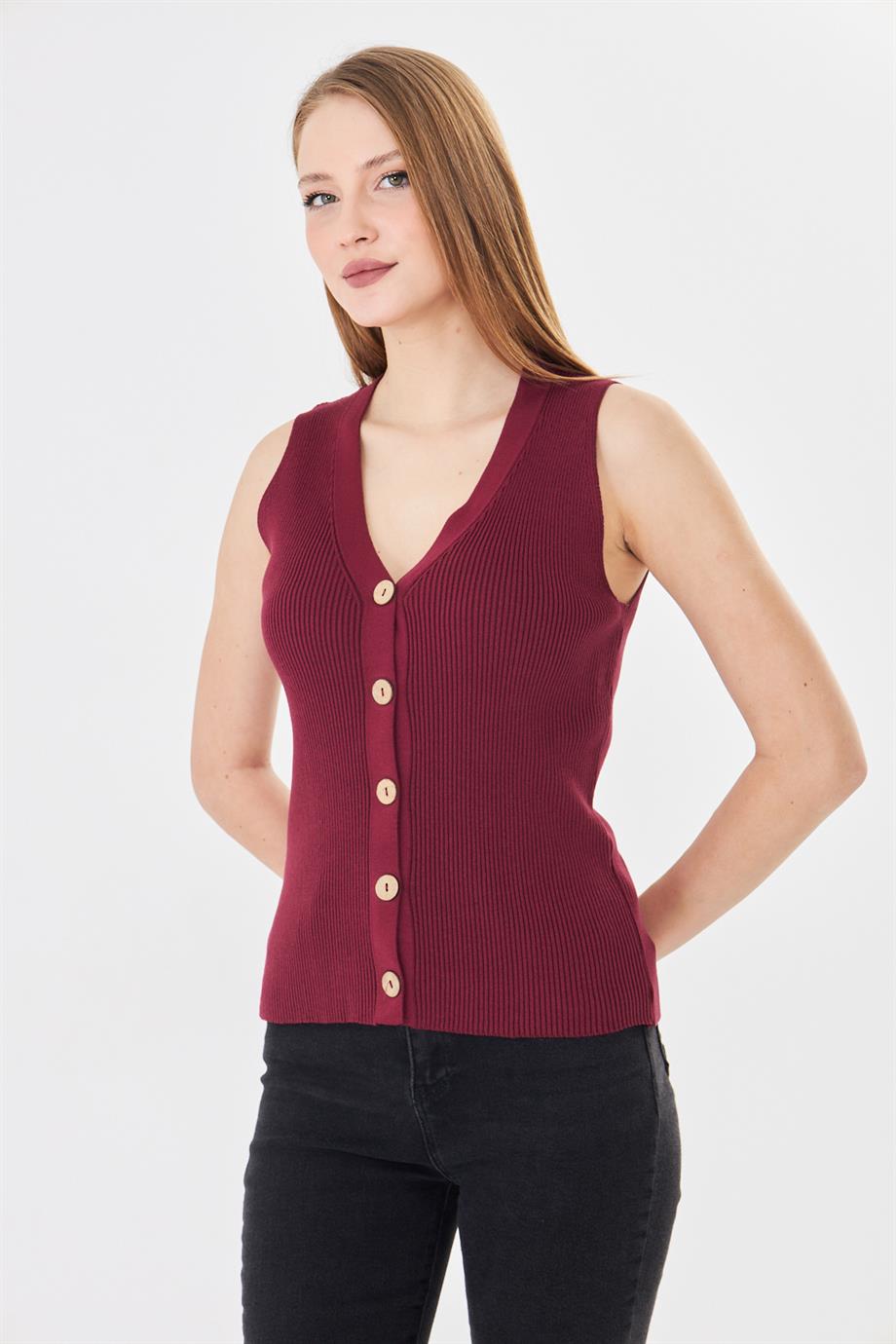 Kadın Düğmeli Fitilli Triko Yelek Kadın Yelek Y241017 Bordo