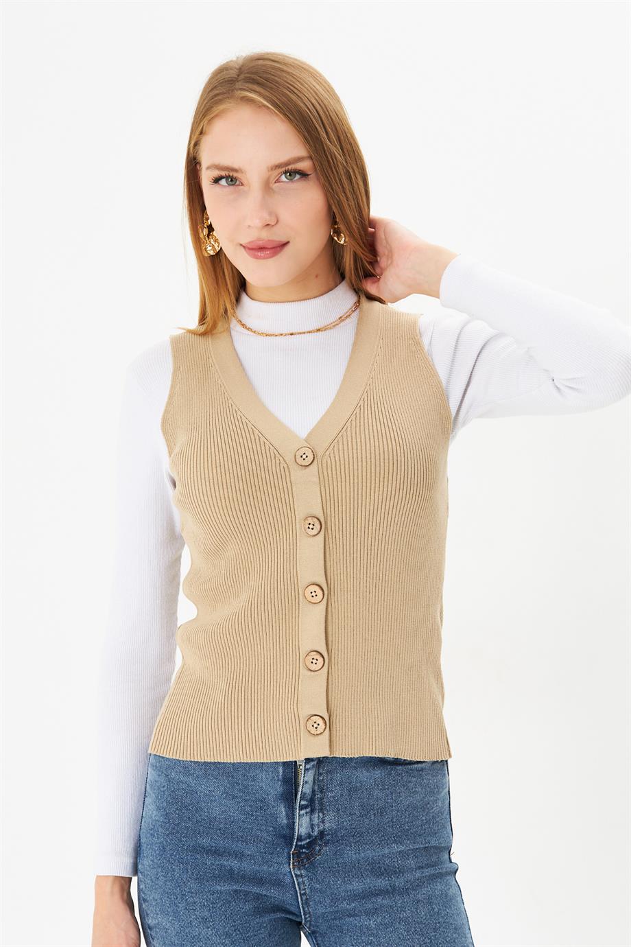 Kadın Düğmeli Fitilli Triko Yelek Kadın Yelek Y241017 Camel