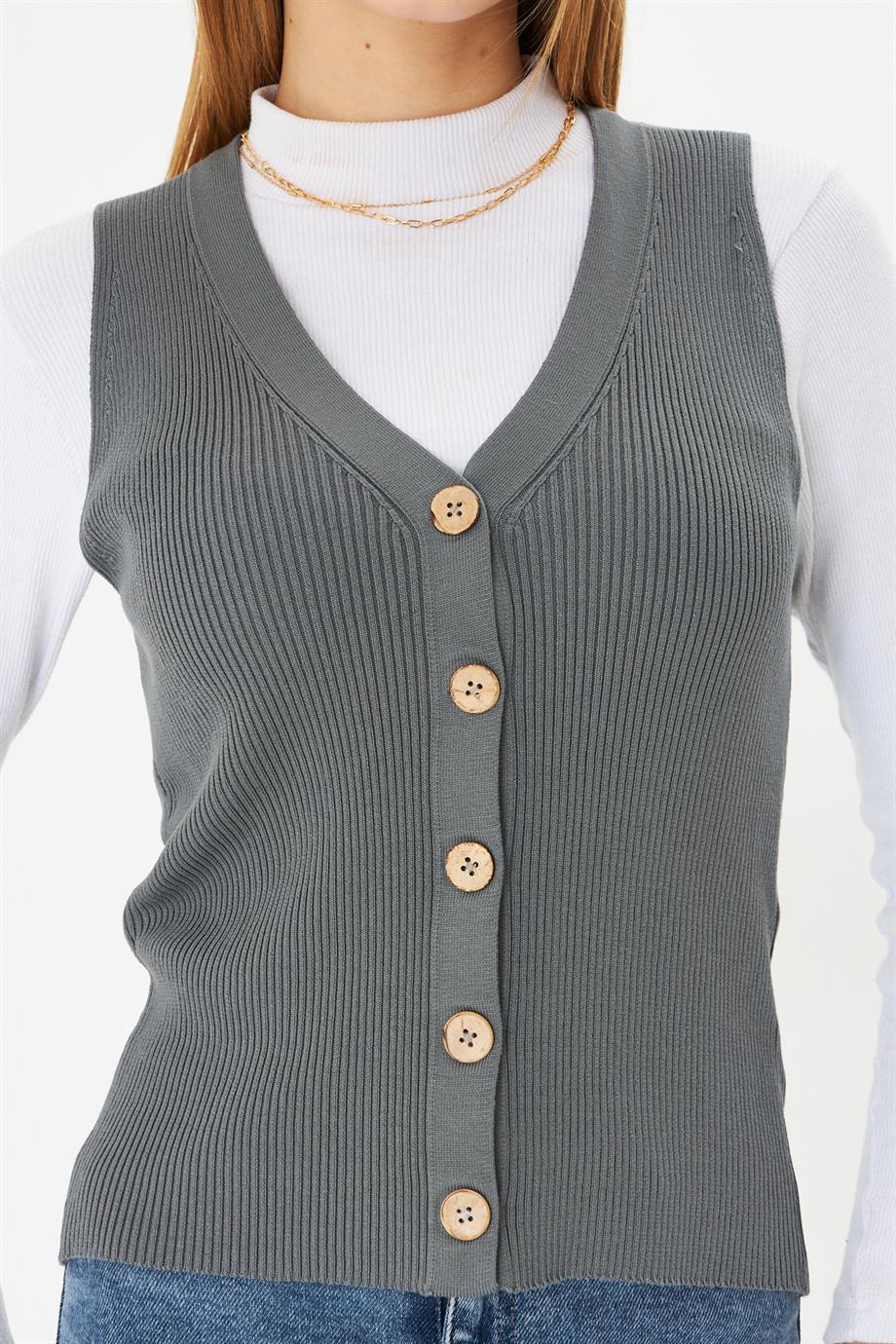Kadın Düğmeli Fitilli Triko Yelek Kadın Yelek Y241017 Füme