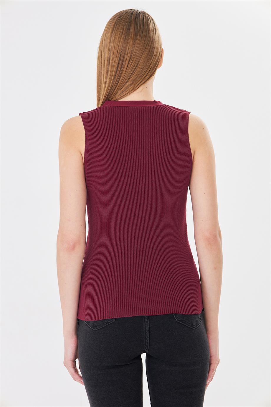Kadın Düğmeli Fitilli Triko Yelek Kadın Yelek Y241017 Bordo