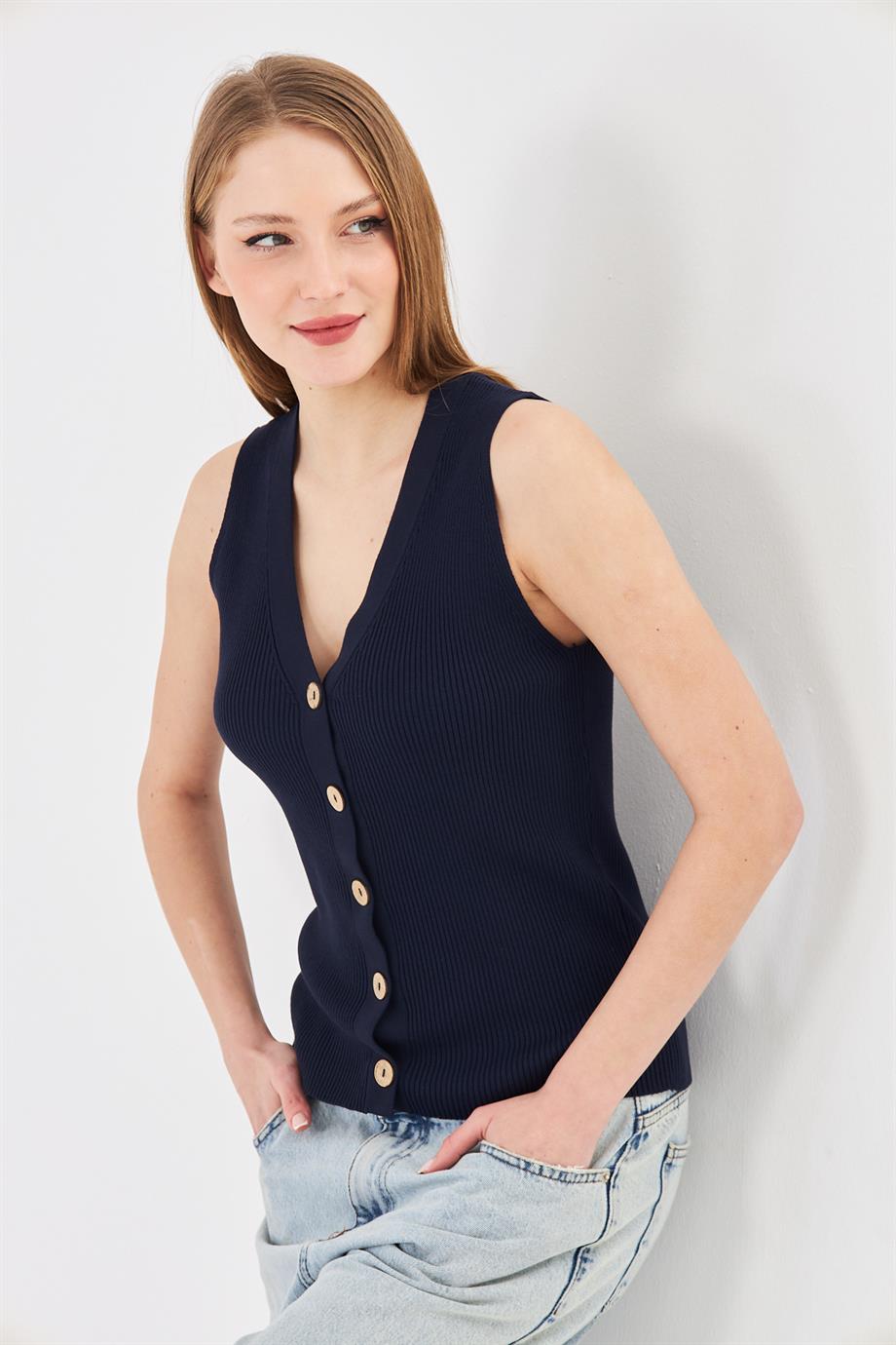 Kadın Düğmeli Fitilli Triko Yelek Kadın Yelek Y241017 Lacivert