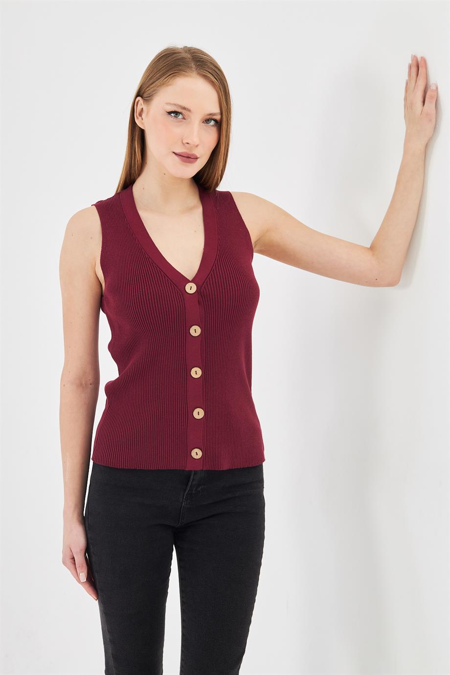 Kadın Düğmeli Fitilli Triko Yelek Kadın Yelek Y241017 Bordo