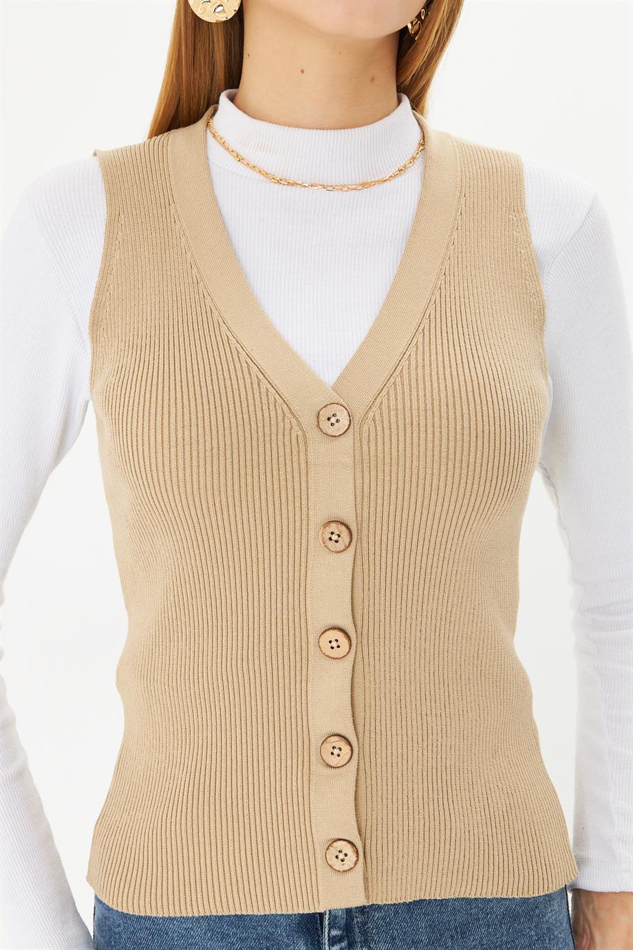 Kadın Düğmeli Fitilli Triko Yelek Kadın Yelek Y241017 Camel