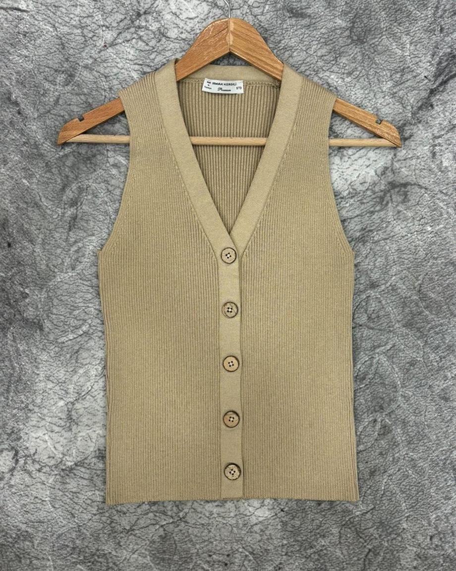 Kadın Düğmeli Fitilli Triko Yelek Kadın Yelek Y241017 Camel