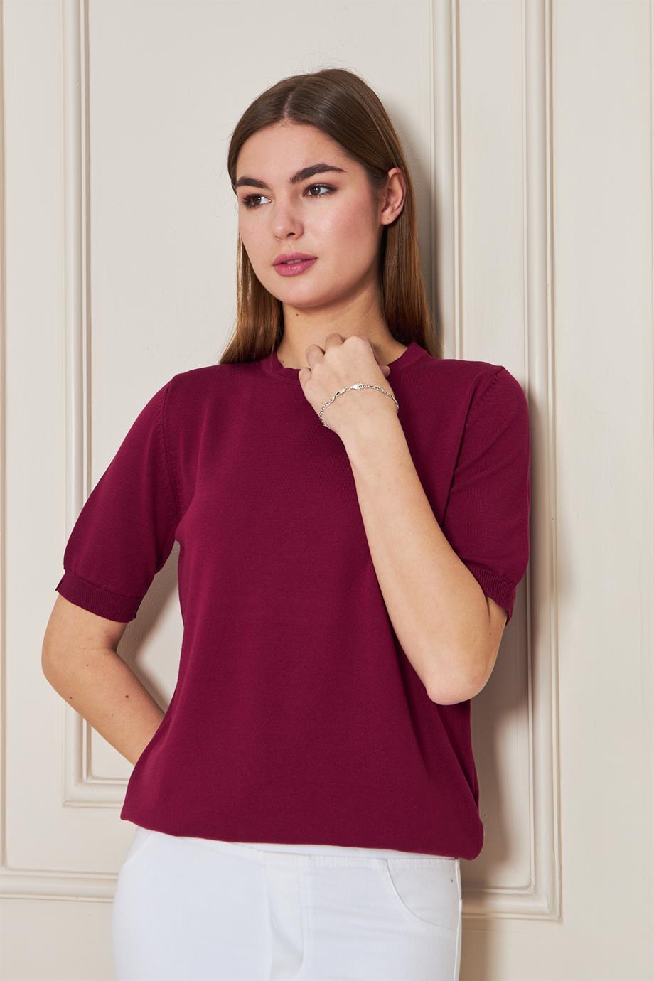 Kadın Ense Düğmeli Kısa Kol Triko Bluz 1415 Bordo