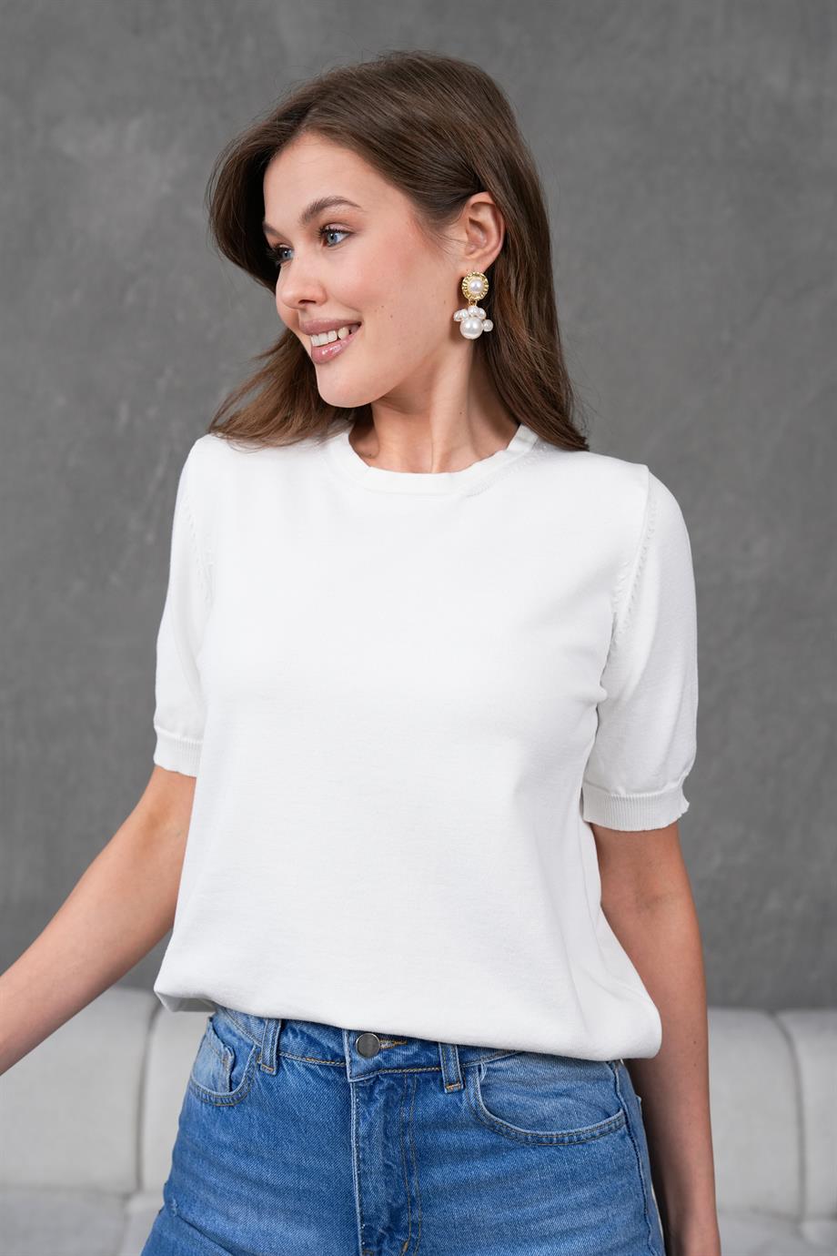 Kadın Ense Düğmeli Kısa Kol Triko Bluz 1415 Ekru