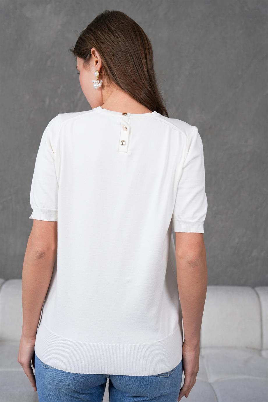 Kadın Ense Düğmeli Kısa Kol Triko Bluz 1415 Ekru