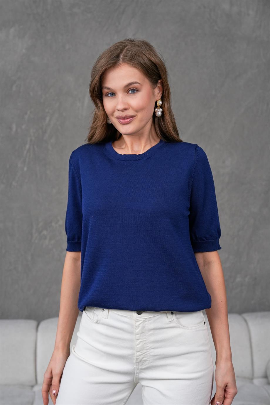 Kadın Ense Düğmeli Kısa Kol Triko Bluz 1415 Lacivert