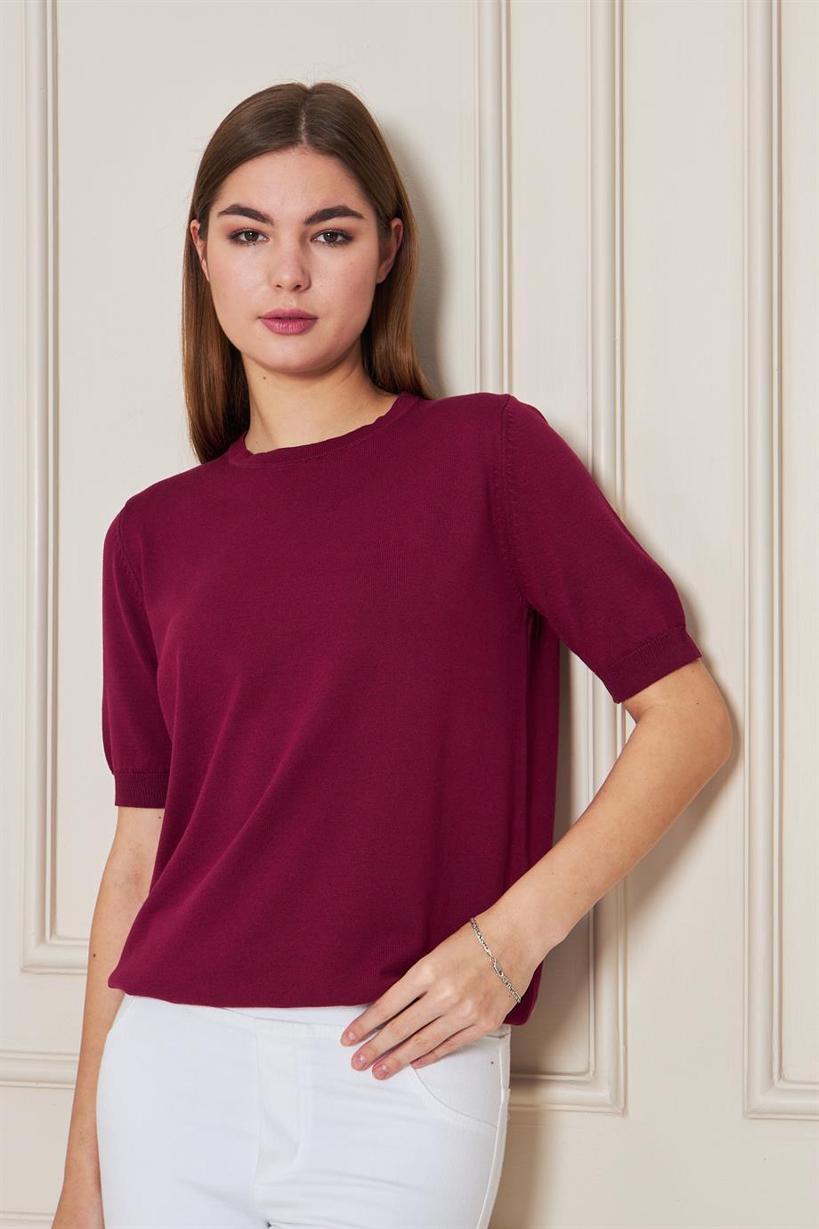 Kadın Ense Düğmeli Kısa Kol Triko Bluz 1415 Bordo