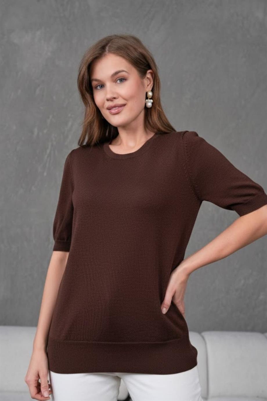 Kadın Ense Düğmeli Kısa Kol Triko Bluz 1415 KAHVE