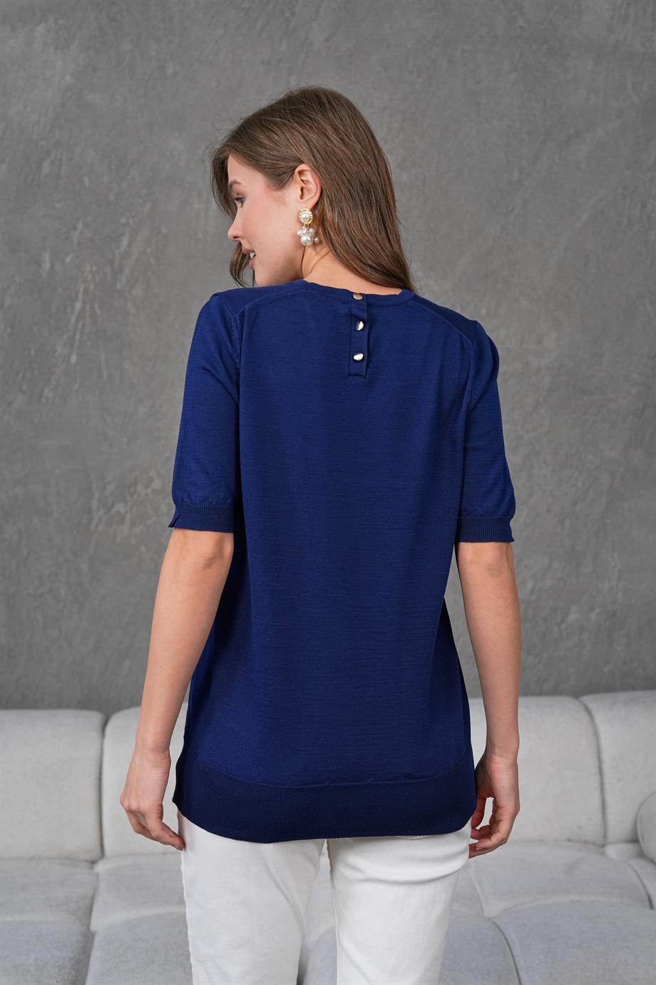 Kadın Ense Düğmeli Kısa Kol Triko Bluz 1415 Lacivert