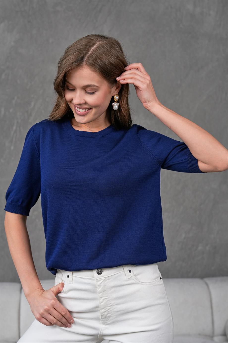 Kadın Ense Düğmeli Kısa Kol Triko Bluz 1415 Lacivert