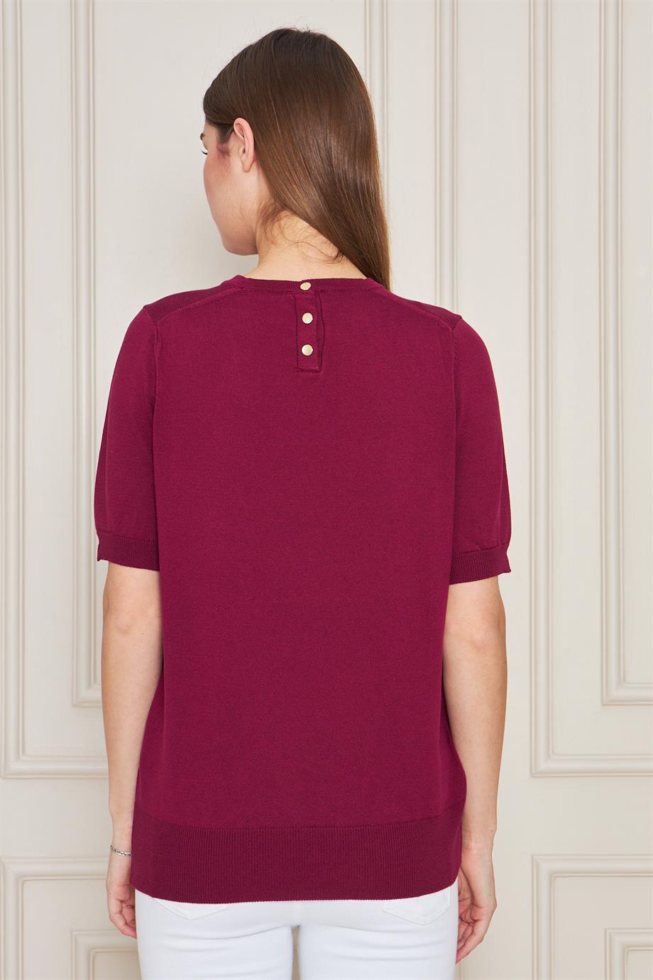 Kadın Ense Düğmeli Kısa Kol Triko Bluz 1415 Bordo