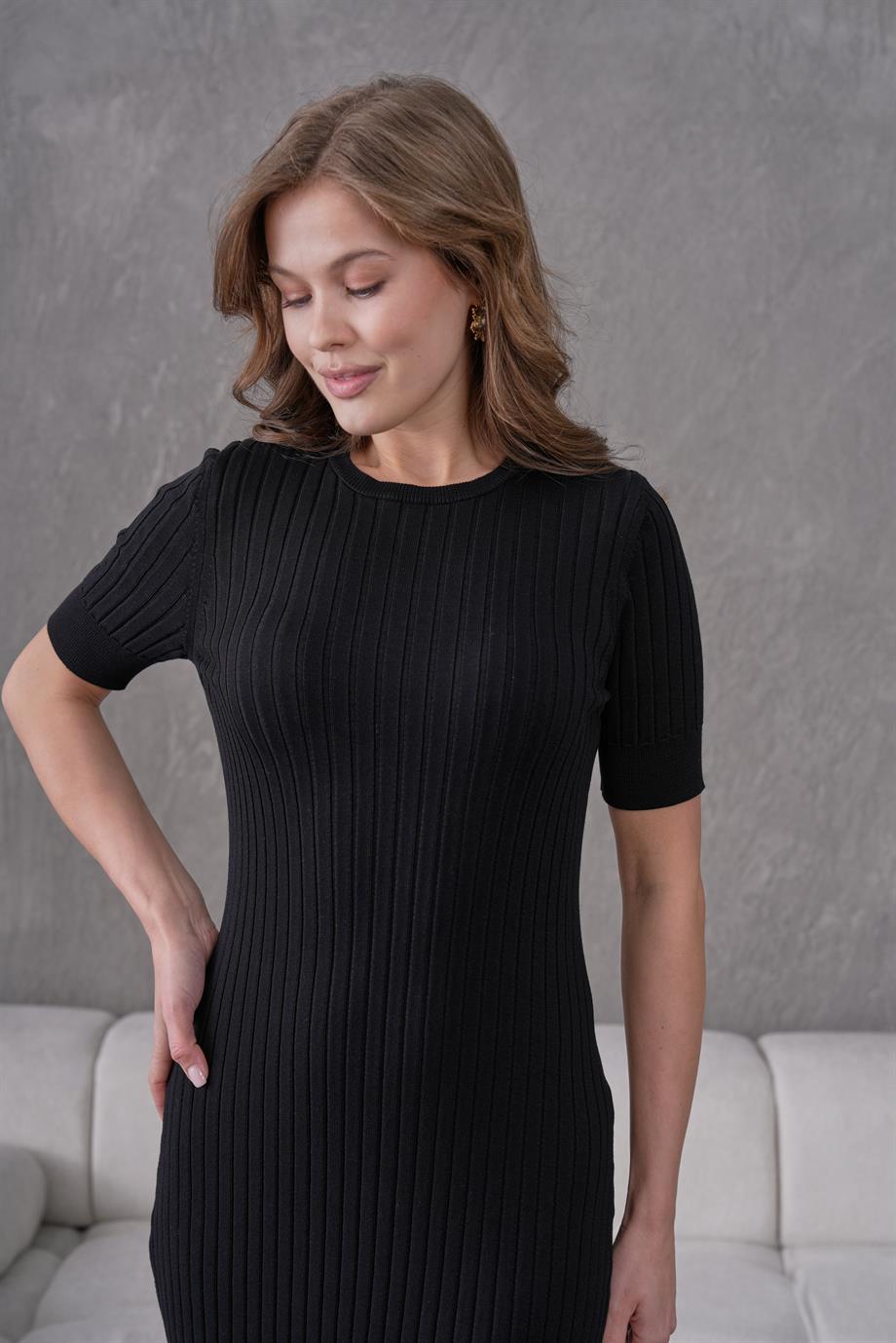 Kadın Fitilli Kısa Kollu Triko Elbise 1345