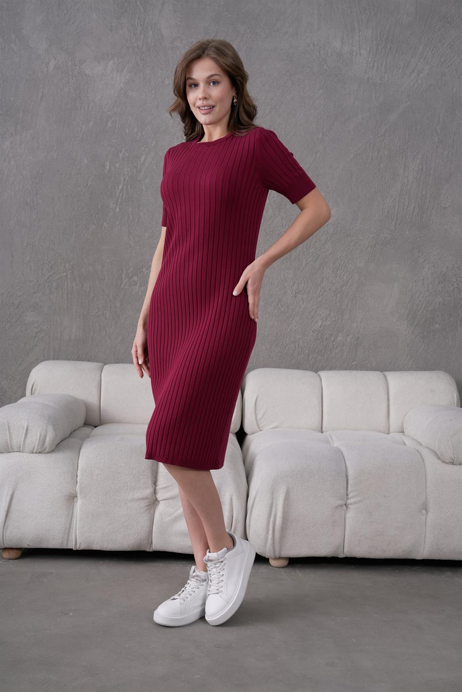 Kadın Fitilli Kısa Kollu Triko Elbise 1345
