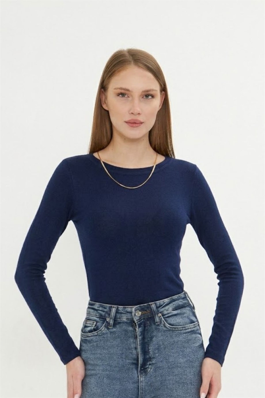 Kadın Kayık Yaka Basic Uzun Kollu Body Likralı Bluz  Viskon Body 160 Lacivert