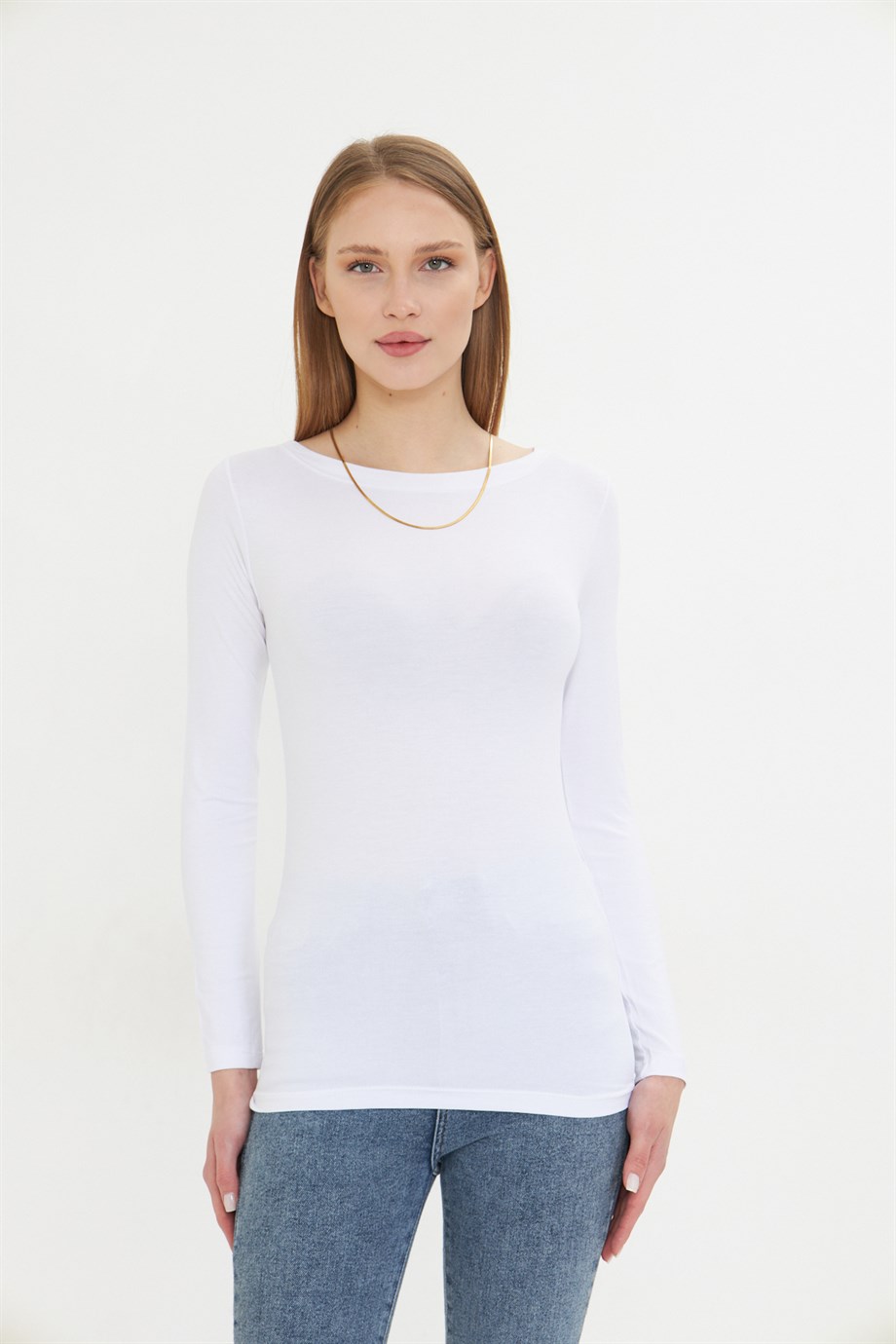 Kadın Kayık Yaka Basic Uzun Kollu Body Likralı Bluz  Viskon Body 160 Beyaz