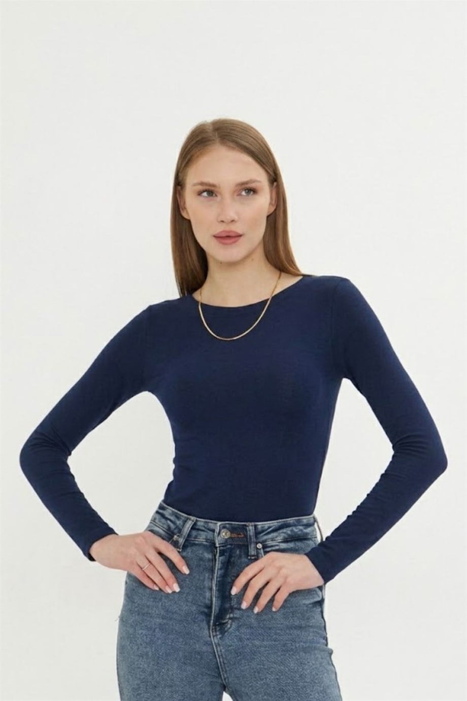 Kadın Kayık Yaka Basic Uzun Kollu Body Likralı Bluz  Viskon Body 160 Lacivert