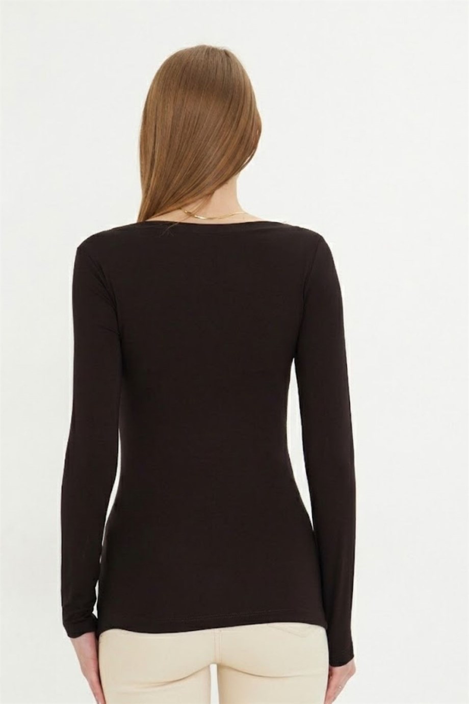 Kadın Kayık Yaka Basic Uzun Kollu Body Likralı Bluz  Viskon Body 160 Kahverengi