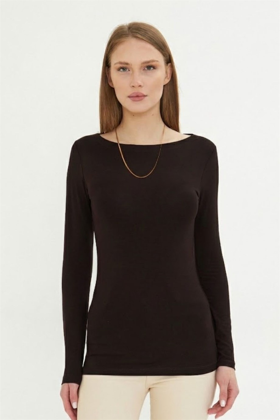 Kadın Kayık Yaka Basic Uzun Kollu Body Likralı Bluz  Viskon Body 160 Kahverengi