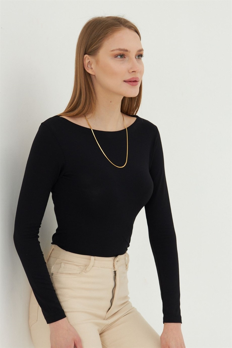 Kadın Kayık Yaka Basic Uzun Kollu Body Likralı Bluz  Viskon Body 160 Siyah