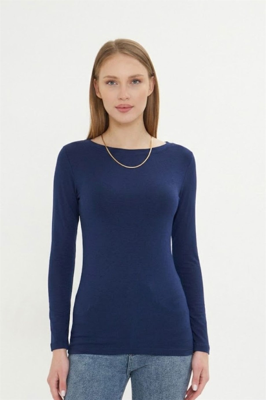 Kadın Kayık Yaka Basic Uzun Kollu Body Likralı Bluz  Viskon Body 160 Lacivert