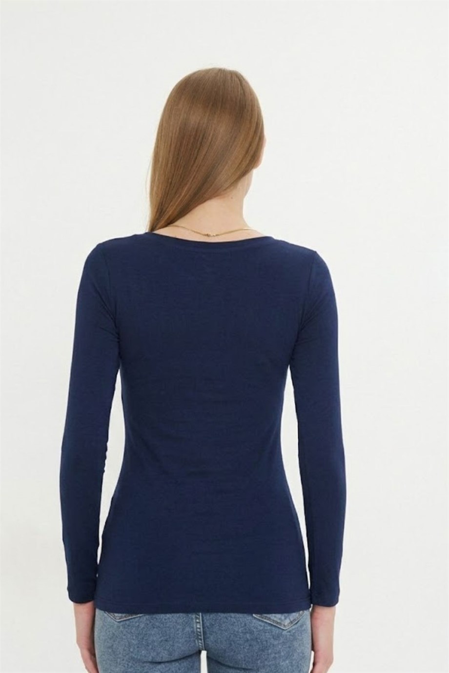 Kadın Kayık Yaka Basic Uzun Kollu Body Likralı Bluz  Viskon Body 160 Lacivert