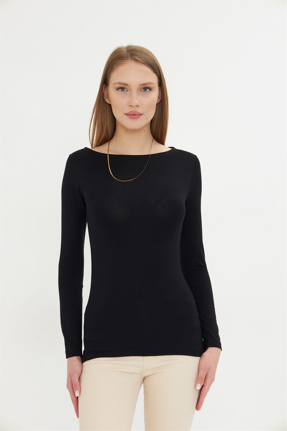 Kadın Kayık Yaka Basic Uzun Kollu Body Likralı Bluz  Viskon Body 160 Siyah