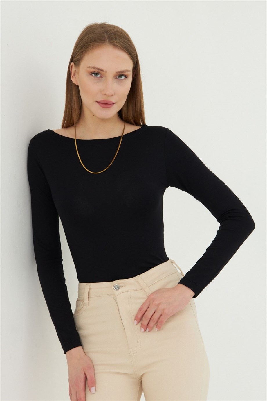 Kadın Kayık Yaka Basic Uzun Kollu Body Likralı Bluz  Viskon Body 160 Siyah