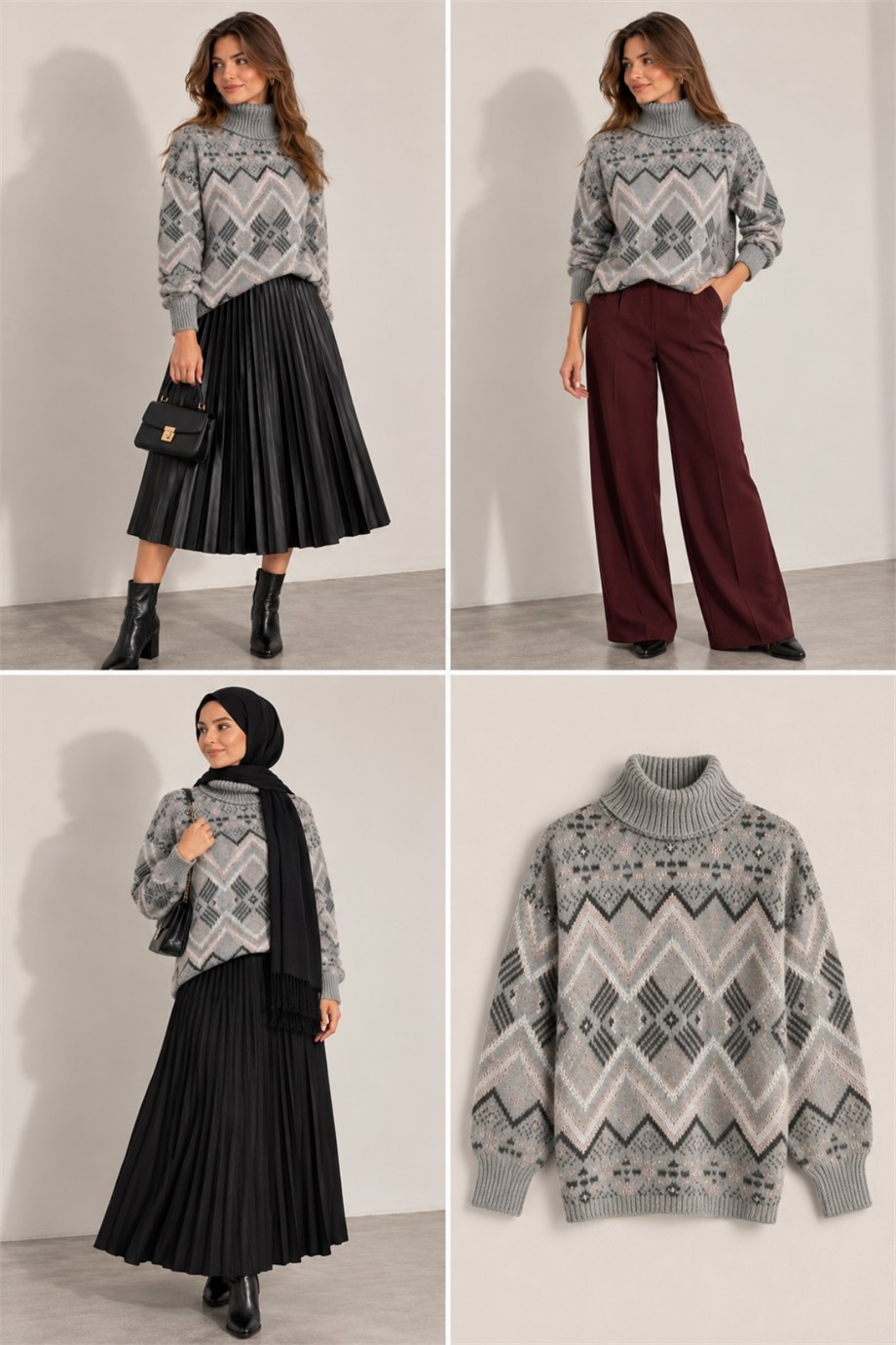 Kadın Kilim Desenli Yumuşak Dokulu Balıkçı Yaka Triko Kazak 7590 Gri