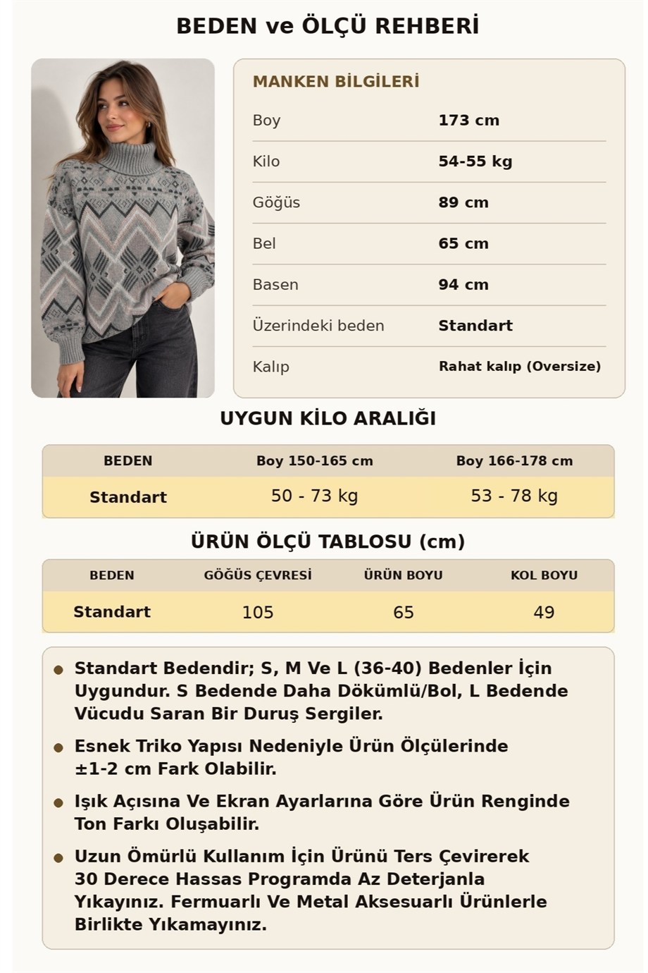 Kadın Kilim Desenli Yumuşak Dokulu Balıkçı Yaka Triko Kazak 7590 Gri