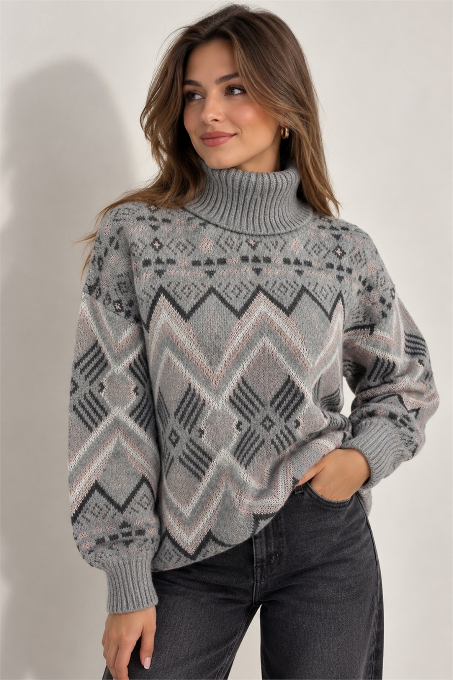 Kadın Kilim Desenli Yumuşak Dokulu Balıkçı Yaka Triko Kazak 7590 Gri