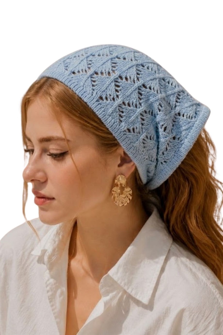 Kadın Pamuklu Yumuşak Dokulu Delikli Triko Bandana 7011 Mavi