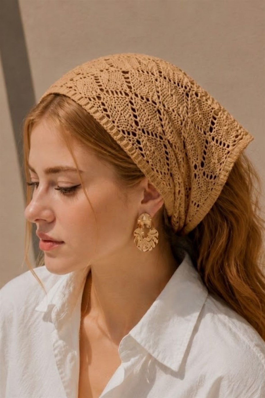 Kadın Pamuklu Yumuşak Dokulu Delikli Triko Bandana 7011 Camel